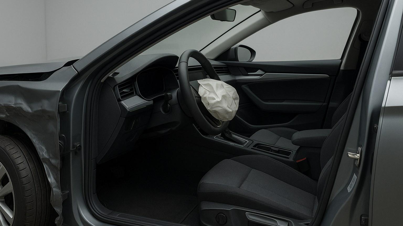 AI-generated editorial illustration of a generic vehicle interior with a deployed steering-wheel airbag in a clean inspection studio, without people or branding.