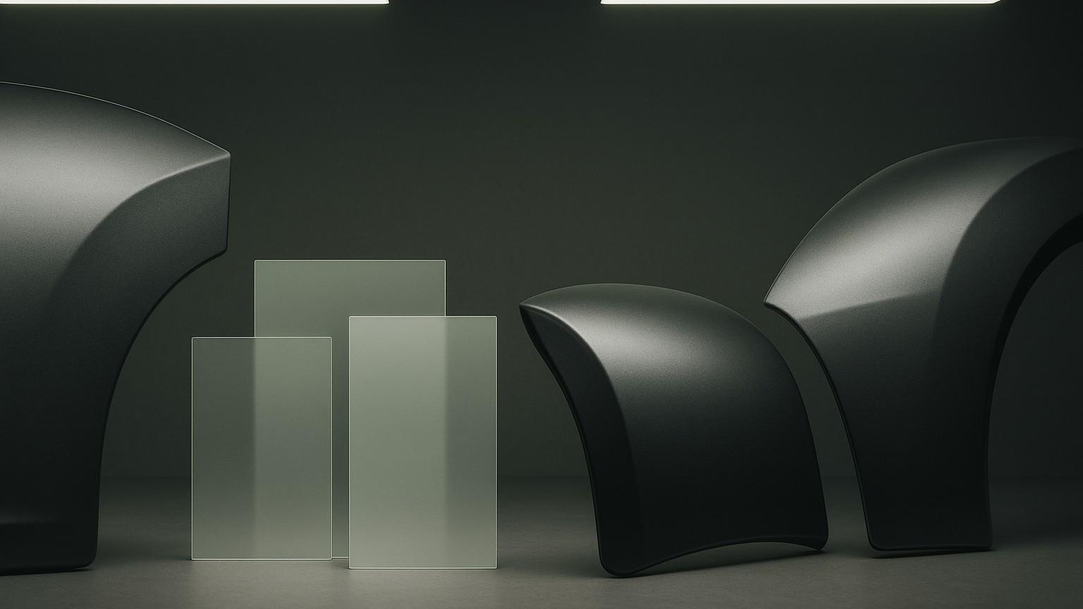 AI-generated editorial illustration of abstract unbranded vehicle body-panel surfaces beside organized repair-plan inspection elements, without people, text, or branding.