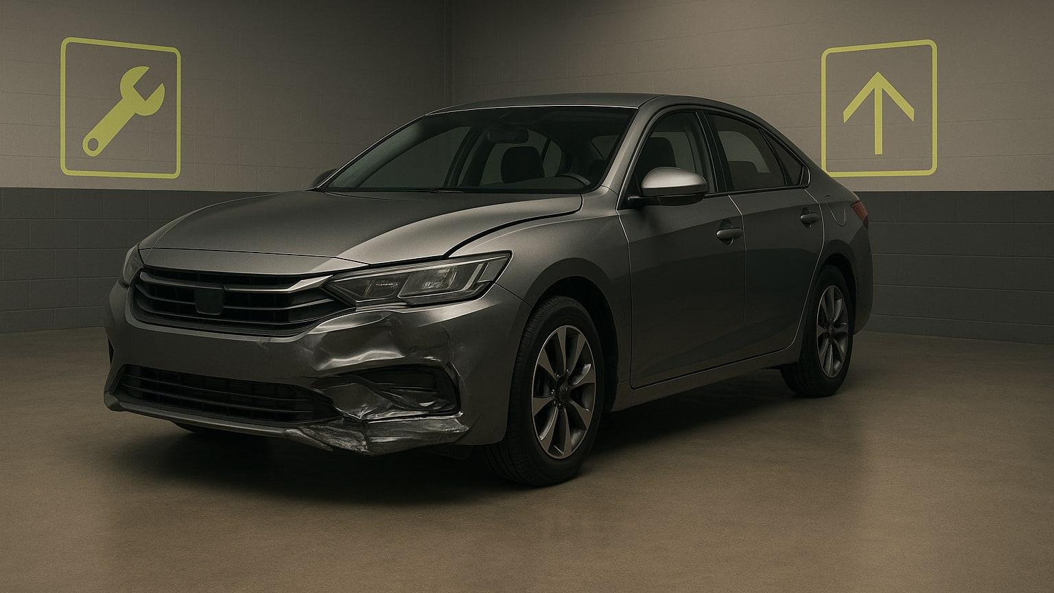 AI-generated editorial illustration of a generic car at an inspection bay with a balanced repair-cost and vehicle-value concept, without text or branding.