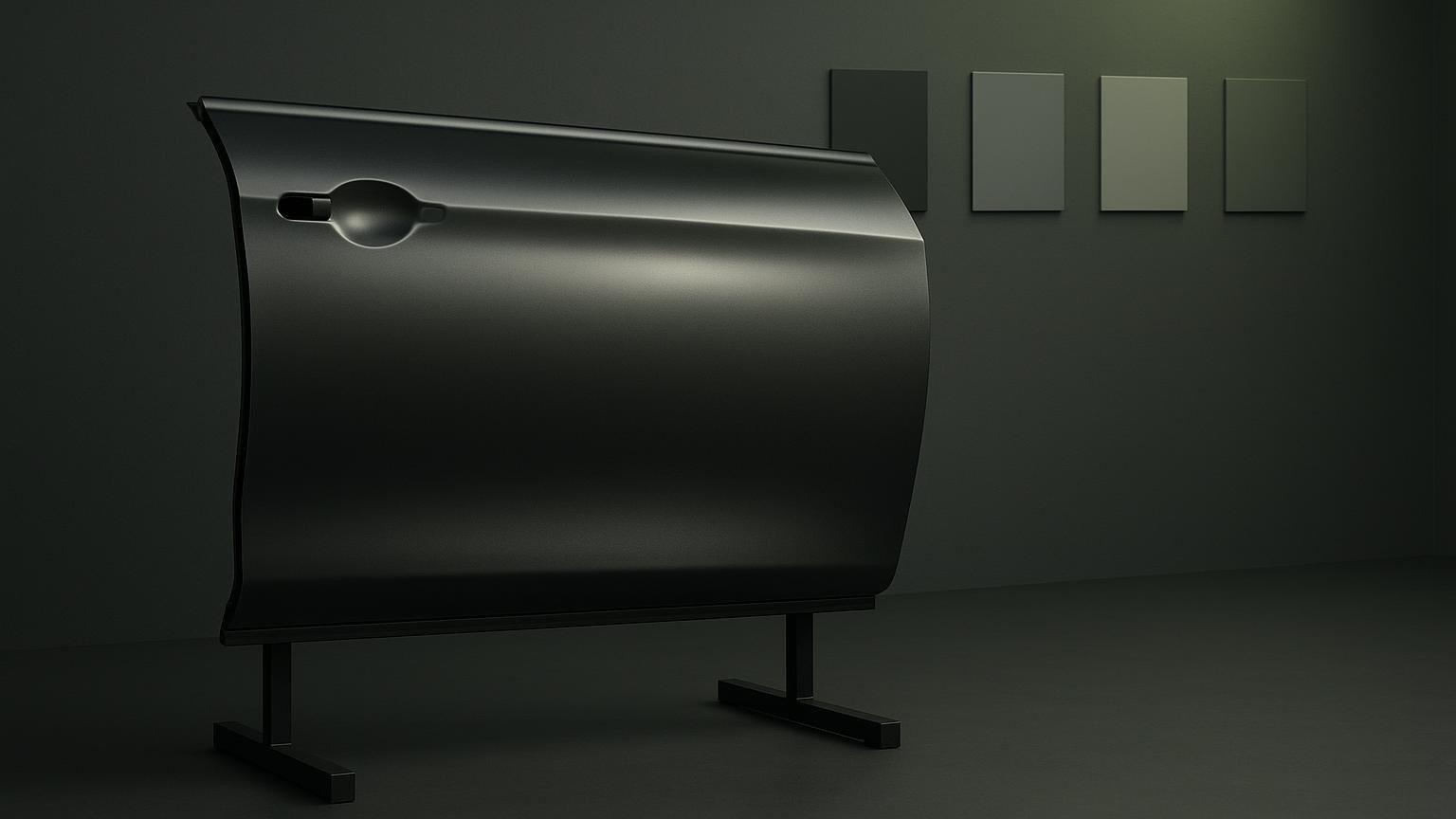 AI-generated editorial illustration of a generic unbranded car panel under inspection lighting in a conceptual paint-preparation studio, without people, text, or branding.