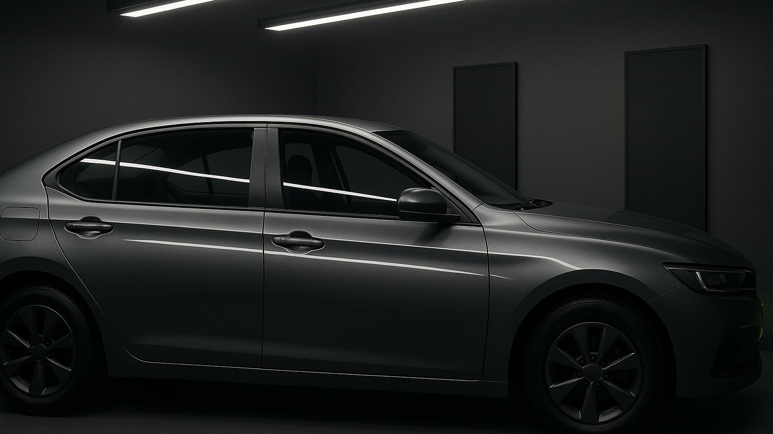 AI-generated editorial illustration of a generic unbranded car under final inspection lighting in a conceptual collision-repair studio, without people, text, or branding.
