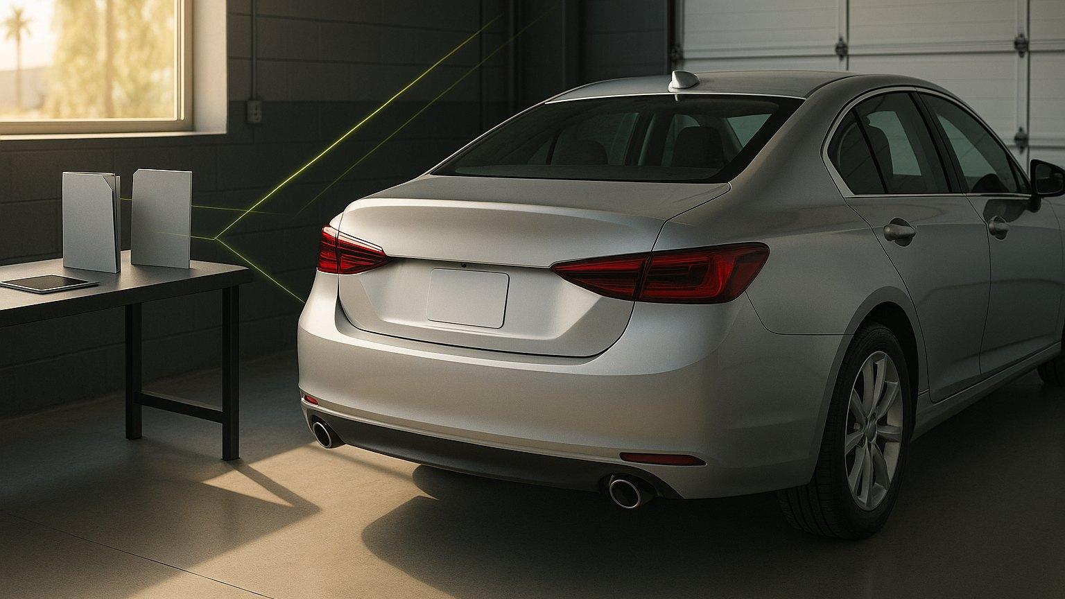 AI-generated editorial illustration of a generic car body beside organized repair-estimate and insurance-document pathways in a modern inspection bay.